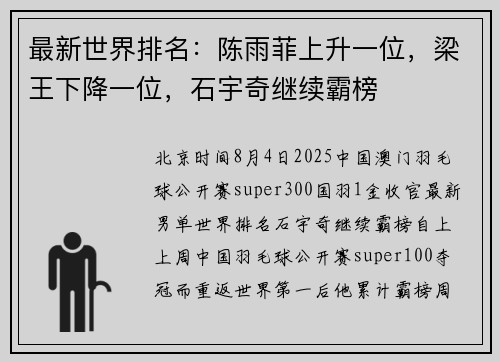 最新世界排名：陈雨菲上升一位，梁王下降一位，石宇奇继续霸榜